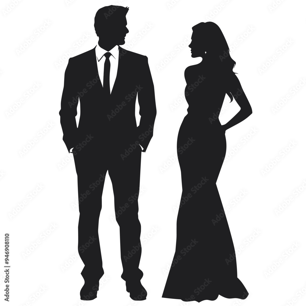 Wall mural Silhouettes of a man in a suit and a woman in an evening gown standing together.