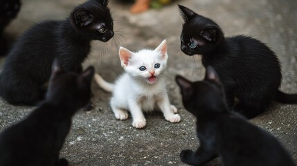 Obraz premium A white kitten in the center of a circle of black kittens. The concept of discrimination, race, loneliness, isolation, contradiction and exclusion in a minimalist style.