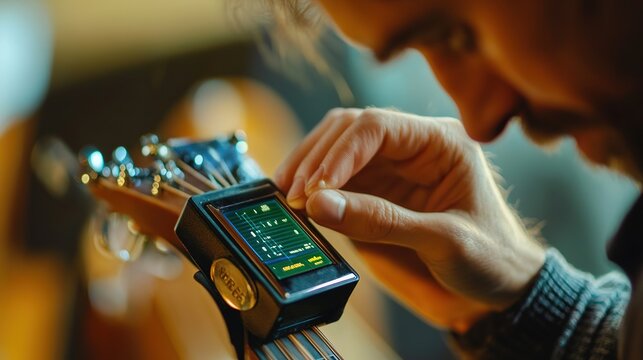 A close-up of a person using a digital tuner to adjust the pitch of a guitar, with a focused expression and the instrument visible