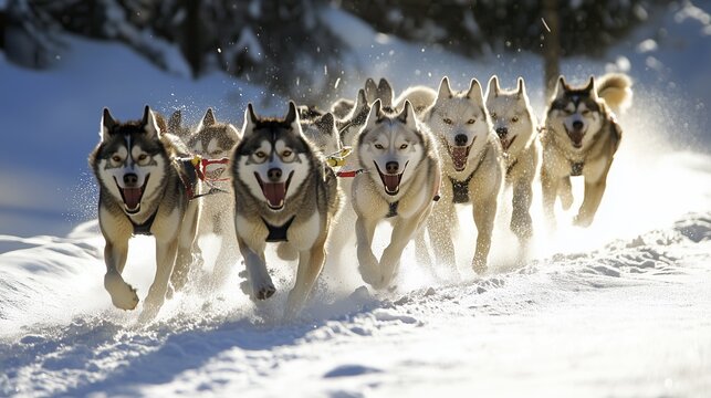 A dynamic team of sled dogs races through the snowy terrain in a winter landscape, showcasing their speed and teamwork on a crisp day
