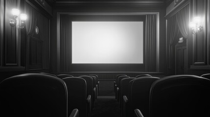 Fototapeta premium Elegant Silence: The Hushed Cinema Hall, Blank Screen and Empty Seats, A Blank Canvas for Creative Messaging and Branding in Stock Photography Style