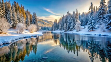 Frozen riverbank surrounded by frosty evergreen trees and snow-covered hills, with gentle ripples on the icy water reflecting the serene winter landscape.
