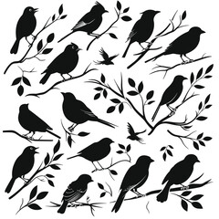 Fototapeta premium Various silhouettes of birds perched and flying among branches in a simple, elegant design.