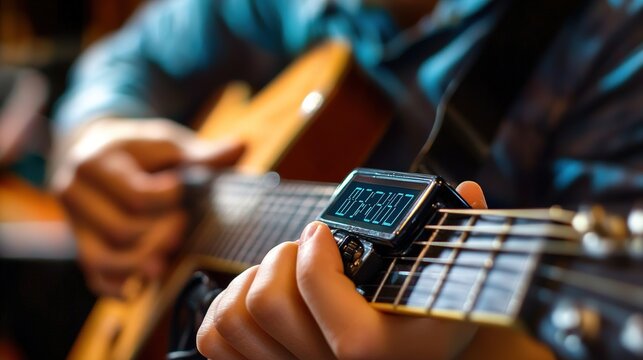 A close-up of a person using a digital tuner to adjust the pitch of a guitar, with a focused expression and the instrument visible - Powered by Adobe