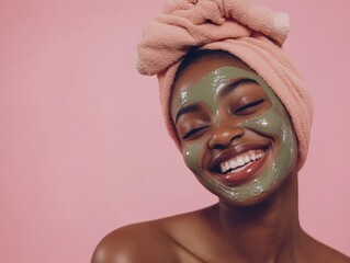beauty photo of a African young girl smiling wearing a cosmetic face mask on her face and a towel on her head portrait photo on a light pink background studio soft light style beauty photo