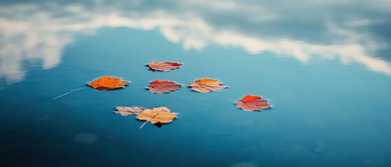 Autumn Leaves Floating on a Calm Blue Water Surface