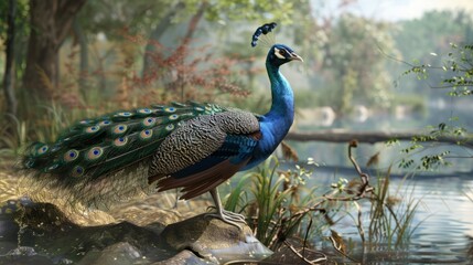 Obraz premium Peacock in foreground with natural landscape generative ai