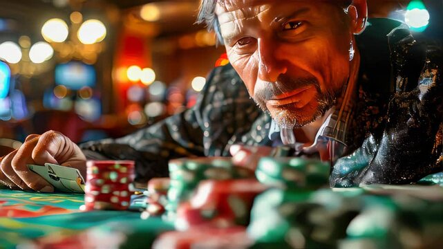 Casino roulette table with chips and cards, shallow depth of field