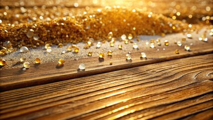 Golden sand drizzled with sparkling quartz particles, scattered across a weathered wooden surface, evoking a sense of natural beauty and rustic elegance.