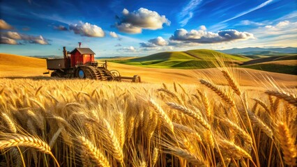 Fototapeta premium Golden wheat sways gently in the breeze as rustic farm equipment stands idle in the idyllic, sun-drenched field, surrounded by rolling hills and blue skies.