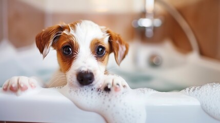 A playful puppy enjoying a bubbly bath in a cozy setting.