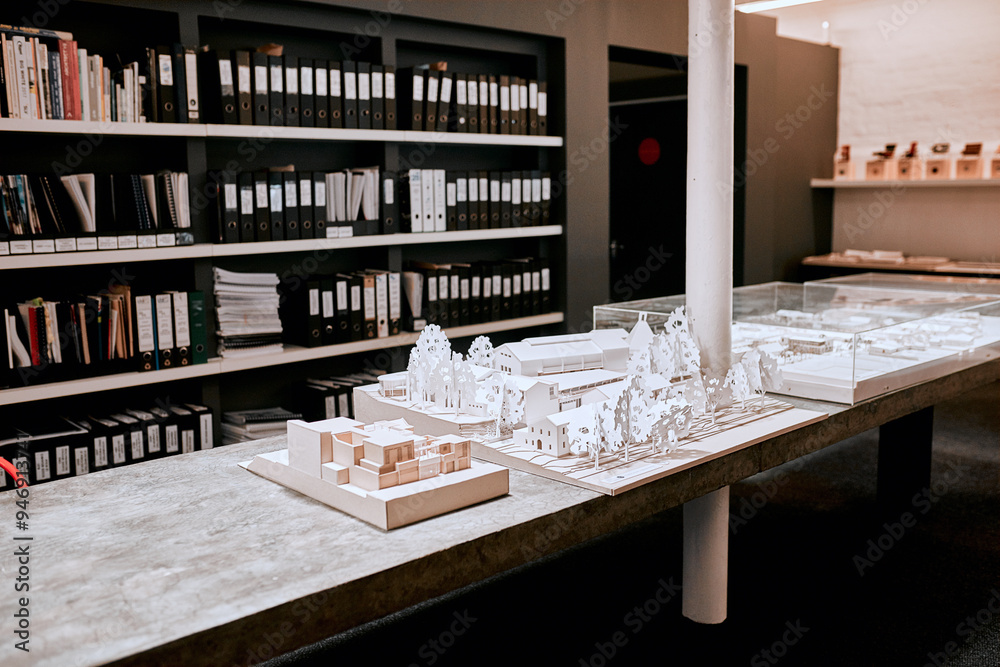 Poster Office, room and architecture with model in 3d for building design, development and urban planning. Empty, space and interior with property prototype for renovation project, infrastructure and detail