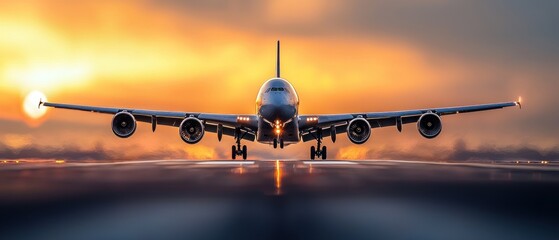 Airplane Landing on Runway at Sunset