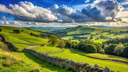 Obraz premium Idyllic rolling hills and ancient stone walls stretch towards the horizon, surrounded by lush green countryside, under a bright blue sky with puffy white clouds.