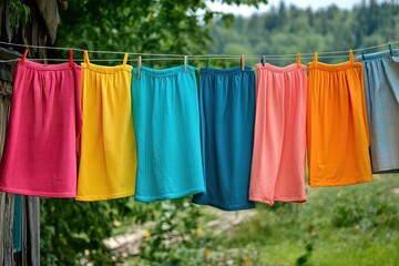 Colorful skirts hanging on a clothesline. This image can be used to illustrate a summery, carefree mood, perfect for blogs and social media posts.