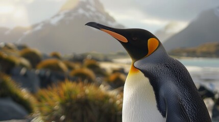 Fototapeta premium Penguin in foreground with natural landscape generative ai