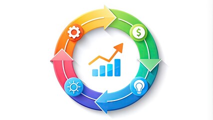 Illustrated circular infographic showcasing various stages of growth, development, and transformation, featuring colorful icons and arrows, against a modern and sleek white background.