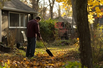 A man raking colorful autumn leaves in a peaceful backyard surrounded by trees on a sunny afternoon