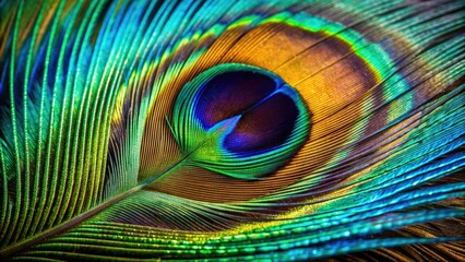 Intricate, high-contrast macro photograph showcasing vibrant iridescent blues and emerald greens of a peacock's feather, highlighting microscopic details and delicate eye-like patterns.