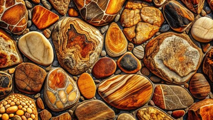 Intricate, high-contrast illustration of natural stone texture, featuring detailed patterns of weathered rocks, crevices, and grooves, in a warm, earthy color palette.