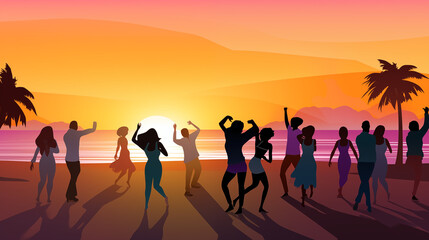 Fototapeta premium Vibrant Beach Party Silhouettes Against Pink and Orange Sunset