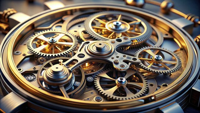 Intricately crafted timepiece internal components, featuring interlocking gears, springs, and cogs, showcase precise engineering and mechanical beauty in a mesmerizing exploded-view arrangement.