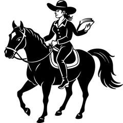 Cowgirl Silhouette Riding Horse Backwards with Book