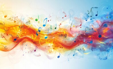 colorful glowing musical notes on a white background, riot of colors, musical background