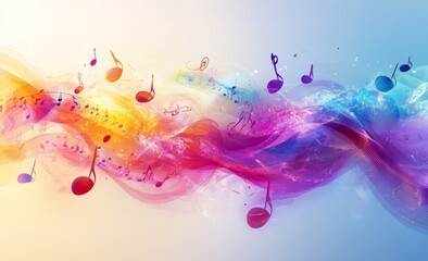 colorful glowing musical notes on a white background, riot of colors, musical background