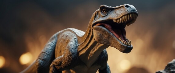 Obraz premium A Close-up of a Roaring Tyrannosaurus Rex Dinosaur with a Blurred Background