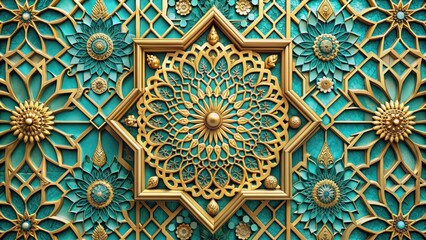 Intricate Moroccan-inspired geometric pattern adorns a luxurious decorative wall with ornate gold accents, lavish florals, and vibrant turquoise hues, evoking opulence and sophistication.