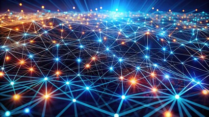 Intricate network of interconnected nodes and lines forms a complex geometric pattern, representing abstract concepts of connection, structure, and relationship in a futuristic digital landscape.