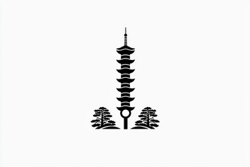 Japanese Pagoda with Trees Silhouette