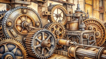 Obraz premium Intricate pencil sketches of vintage industrial machinery, including gears, steam engines, and clockwork mechanisms, showcase intricate details and textures of ancient technologies.