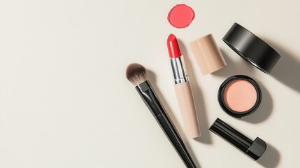A stylish layout of cosmetic products including lipstick, brushes, and powder on a soft light surface invites beauty enthusiasts to explore. Generative AI