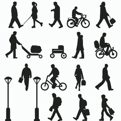 Obraz premium Silhouettes of diverse people and activities, including walking, biking, and carrying bags.