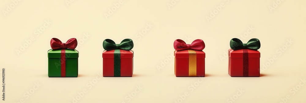 Poster Four colorful gift boxes with geometric designs are beautifully wrapped in vibrant ribbons, adding charm to the holiday atmosphere. Generative AI