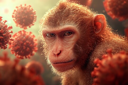 monkey animal with microscopic image of monkey pox virus. Mpox caused by monkeypox virus. Monkeypox outbreak. Viral transmission from animals to humans.