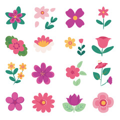 Vibrant set of colorful cartoon flowers in various designs and colors, including pink, yellow, and green elements.