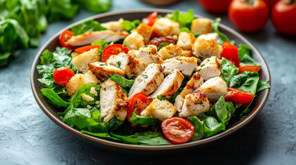 On the table is a bowl of Caesar salad with croutons, chicken and cheese. Fresh chicken salad. Delicious Caesar salad with grilled chicken, baked bacon and croutons close-up. AI generation