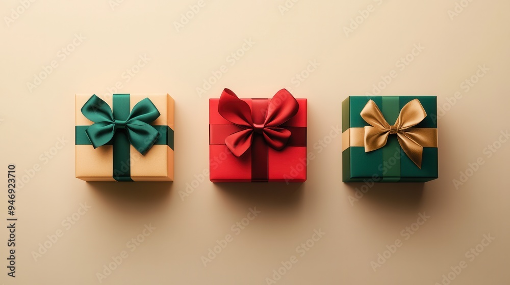 Poster Three stylish Christmas gift boxes in geometric shapes feature vibrant ribbons, creating a cheerful and minimalist holiday display. Generative AI