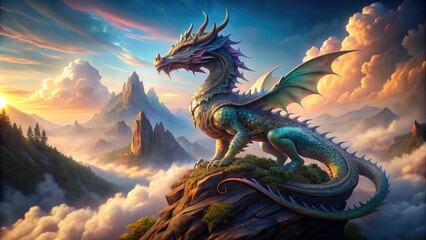 Fototapeta premium Majestic dragon with iridescent scales featuring intricate patterns and swirls, poised regally on a misty mountain peak, surrounded by mystical aura and ancient magic energies.