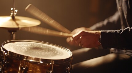 Fototapeta premium A close-up of a drum kit being tuned, showing a drum technician adjusting the tension of drumheads with tuning keys and tools on a workbench