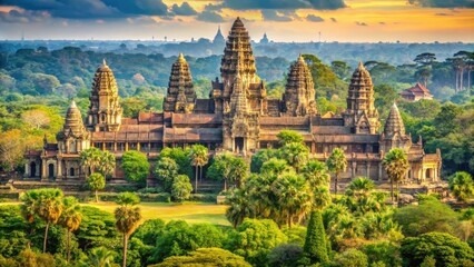 Fototapeta premium Majestic golden stupas and intricate carvings adorn the ancient temples of Angkor Wat, set amidst lush jungle surroundings in Cambodia's vibrant cultural heritage site.