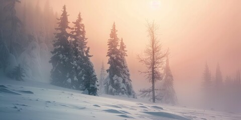 Fototapeta premium Soft focus Enchanting and unusual tree silhouettes adorned with snow in the Arctic wilderness A mystical winter fairy tale in the midst of a snowstorm in the forest Snow clad trees on a moun