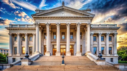 Obraz premium Majestic neoclassical architecture of a stately courthouse building with ornate columns, grand staircase, and imposing facade, symbolizing justice and democratic principles.