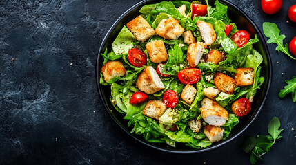 On the table is a bowl of Caesar salad with croutons, chicken and cheese. Fresh chicken salad. Delicious Caesar salad with grilled chicken, baked bacon and croutons close-up. AI generation