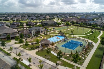 Obraz premium Aerial View of a Residential Community with Recreation Park