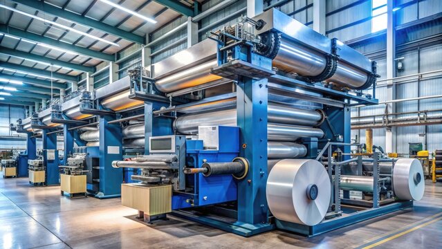 metal offset printing press with rotating cylinders, rollers, and sheets of freshly printed paper, surrounded by factory equipment.