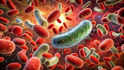 Microscopic view of E. coli bacteria, a common cause of kidney infections, surrounded by red blood cells, illustrating the severity of urinary tract infections.